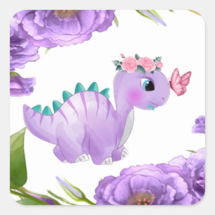 Adorable Purple Dinosaur Floral Baby Shower Squar Square Sticker