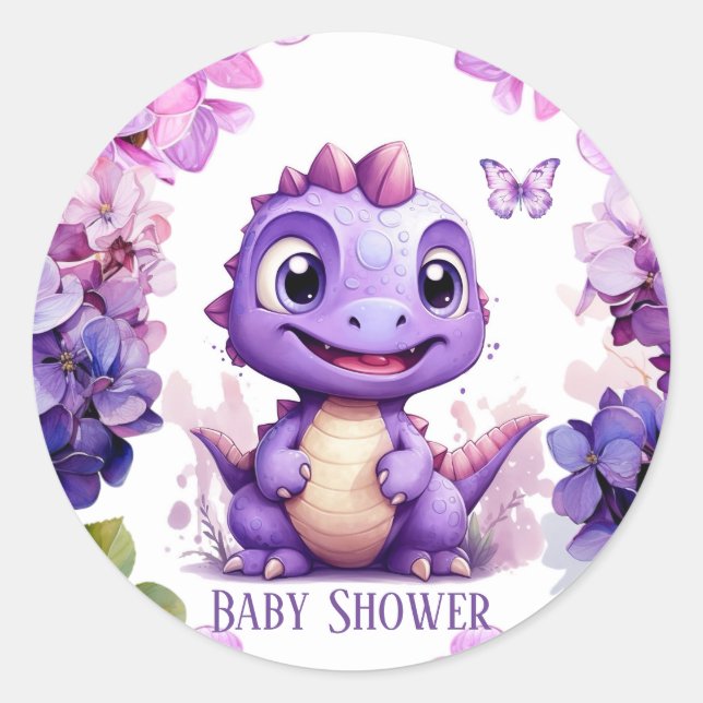 Adorable Purple Dinosaur Floral Girl Baby Shower Classic Round Sticker (Front)