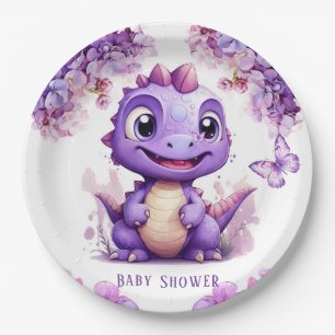 Adorable Purple Dinosaur Floral Girl Baby Shower Paper Plate