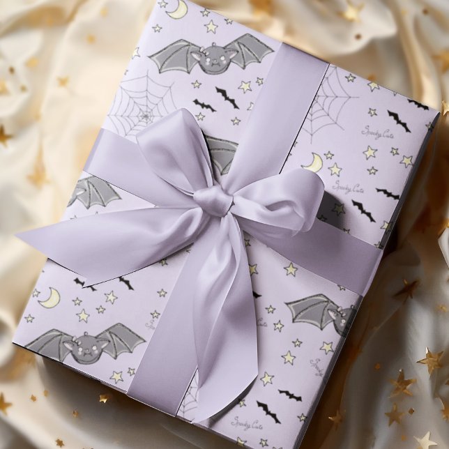 Adorable Purple Spooky Cute Bats Halloween Wrapping Paper (Adorable Kids Halloween Spooky Cute Bats, Moons, Stars, Spider Webs & Hand-written "Spooky Cute".)