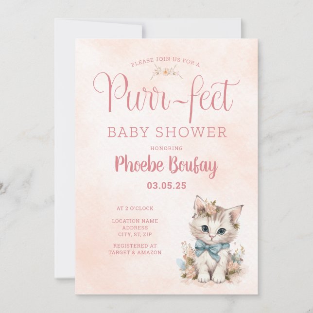 Adorable "Purr-fect" Kitten Baby Shower Invitation (Front)