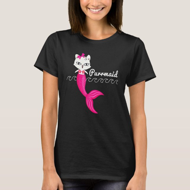 Adorable Purrmaid White Cat Cute Mermaid Beach Gir T-Shirt (Front)