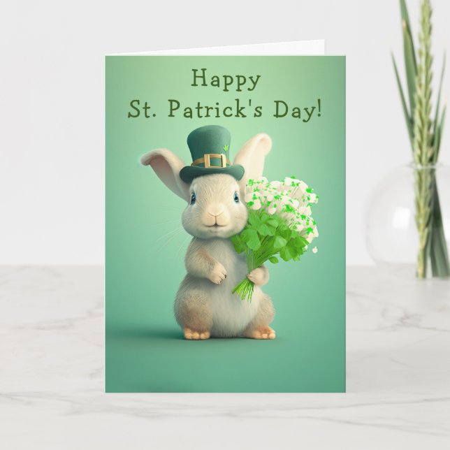Adorable Rabbit and Flowers St. Patrick's Day Holiday Card (Front)