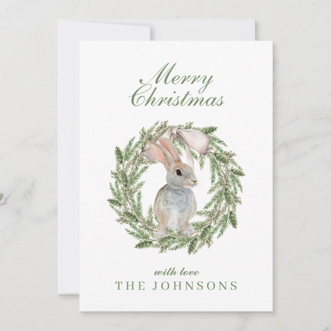 Adorable Rabbit Bunny in a Wreath Christmas Holiday Card (Front)