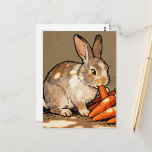 Adorable rabbit eating carrots postcard