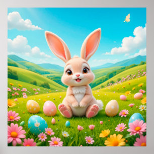 Adorable Rabbit in Spring Meadow Flowers Nursery Poster