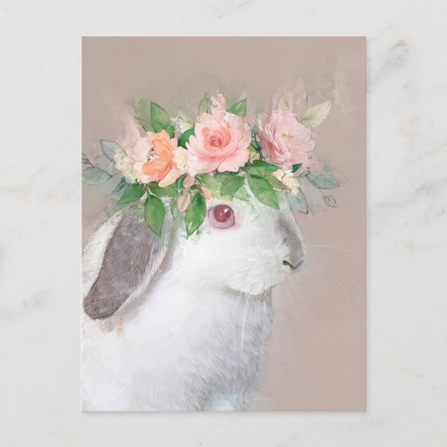 Adorable Rabbit with Flower Crown Portrait Postcard (Front)