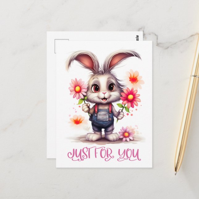 Adorable Rabbit With Flowers Just For You Postcard (Front/Back In Situ)