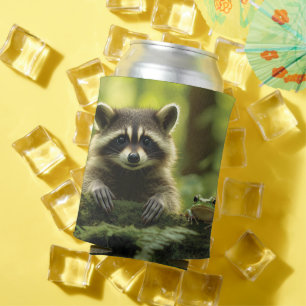Adorable Raccoon and Frog Peeking Over Mossy Log i Can Cooler