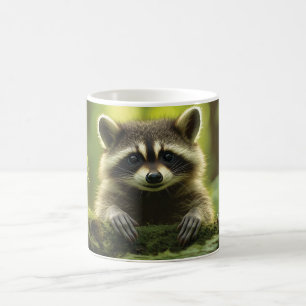 Adorable Raccoon and Frog Peeking Over Mossy Log i Coffee Mug