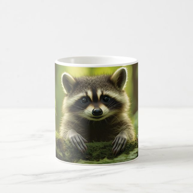 Adorable Raccoon and Frog Peeking Over Mossy Log i Coffee Mug (Center)