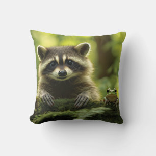 Adorable Raccoon and Frog Peeking Over Mossy Log i Cushion