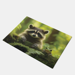 Adorable Raccoon and Frog Peeking Over Mossy Log i Doormat