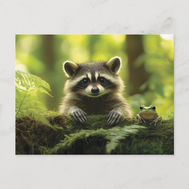Adorable Raccoon and Frog Peeking Over Mossy Log i Postcard (Front)