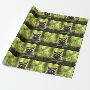 Adorable Raccoon and Frog Peeking Over Mossy Log i Wrapping Paper