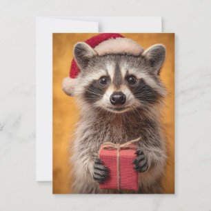 Adorable Raccoon in a Santa Hat Holding a Present Postcard