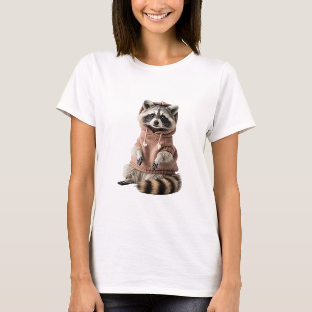Adorable Raccoon in Pink Hoodie Portrait T-Shirt (Front)