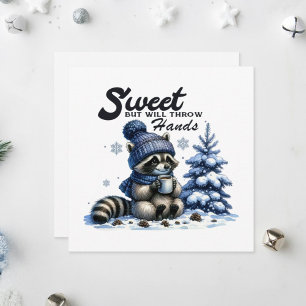 Adorable raccoon sipping hot tea in the snow. Holiday Card