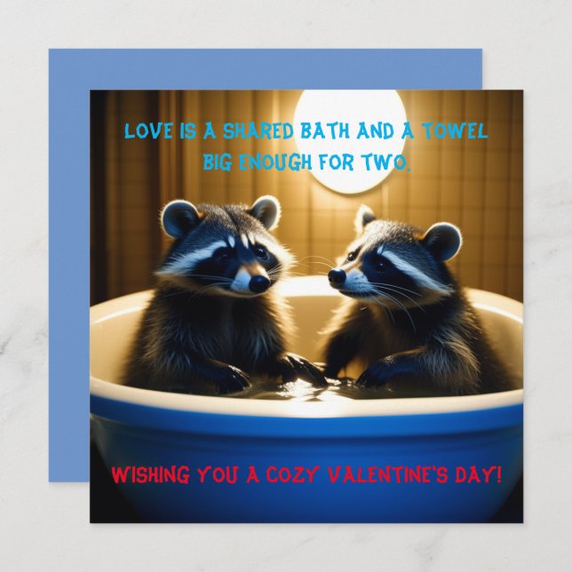 Adorable Raccoons in Bathtub Fun Valentine's Day Holiday Card (Front/Back)