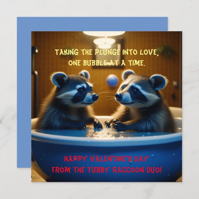 Adorable Raccoons in Bathtub Fun Valentine's Day Holiday Card (Front/Back)