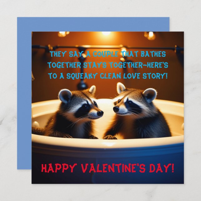 Adorable Raccoons in Bathtub Fun Valentine's Day Holiday Card (Front/Back)