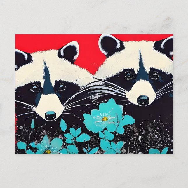 Adorable Raccoons With Blue Flowers Postcard (Front)