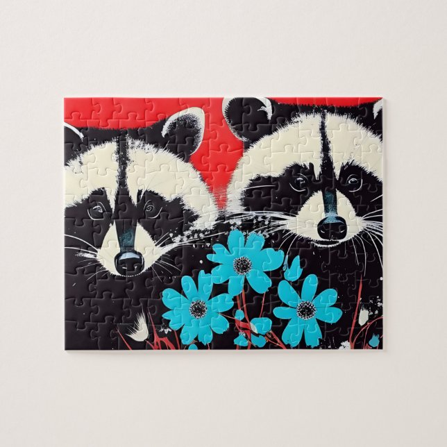 Adorable Raccoons With Blue Flowers Red Background Jigsaw Puzzle (Horizontal)