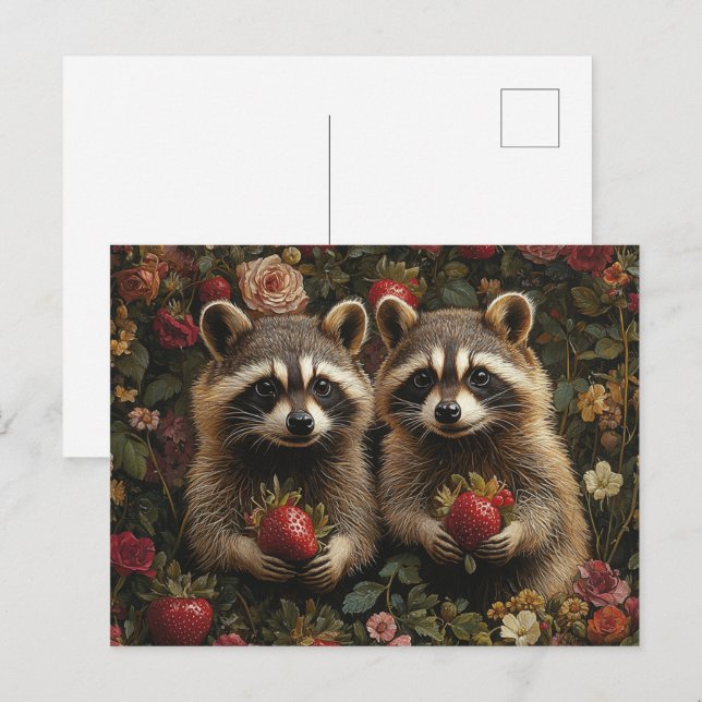 Adorable Raccoons With Strawberries Postcard (Front/Back)