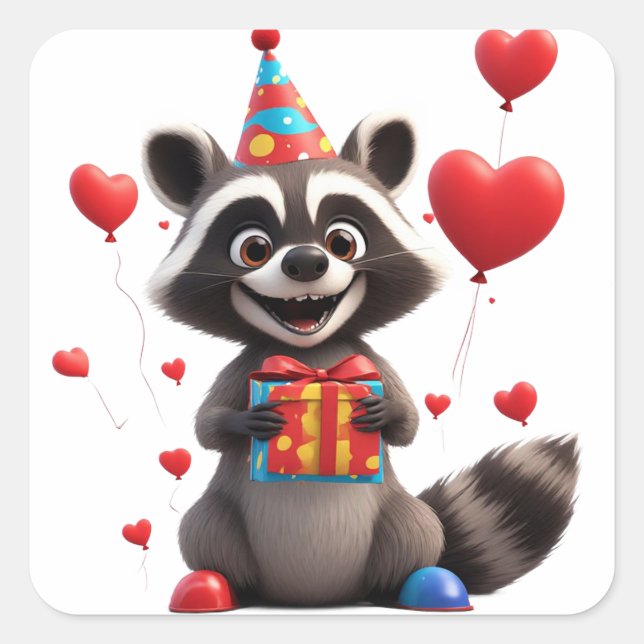 🦝 Adorable Racoon Birthday Celebration Square Sticker (Front)
