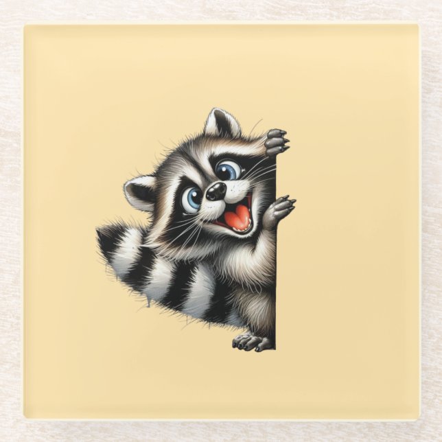 Adorable Racoon Christmas Peek - Cute Holiday Gif Glass Coaster (Front)