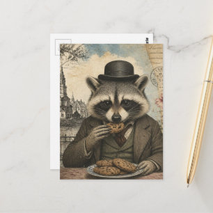Adorable Racoon Eating Cookies Vintage Postcard