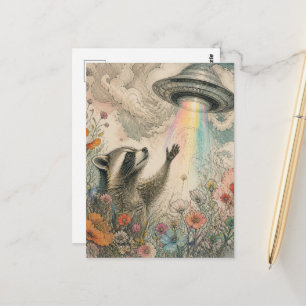 Adorable Racoon in wildflowers and the UFO Postcard