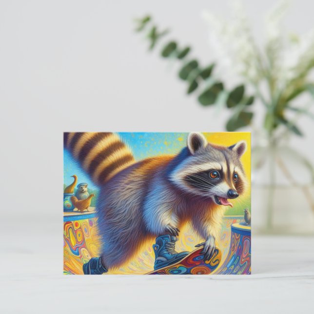 Adorable Racoon Skateboarding Postcard (Standing Front)