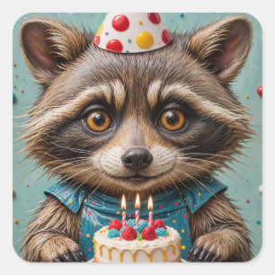 Adorable Racoon With a Birthday Cake Square Sticker