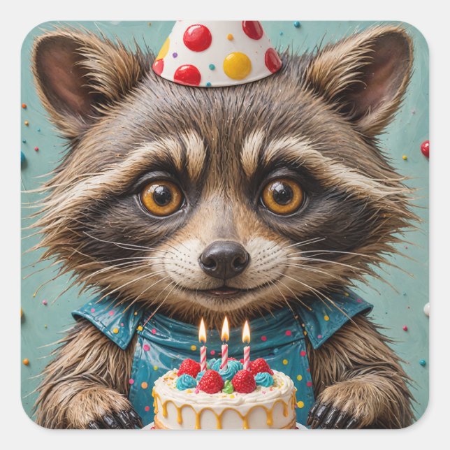 Adorable Racoon With a Birthday Cake Square Sticker (Front)
