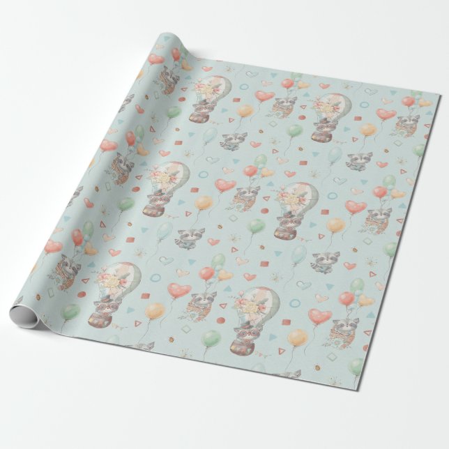 Adorable Racoon Wrapping Paper (Unrolled)