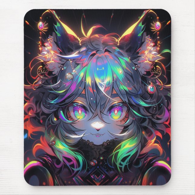 Adorable Rainbow Catgirl Furry Anime Mouse Mat (Front)