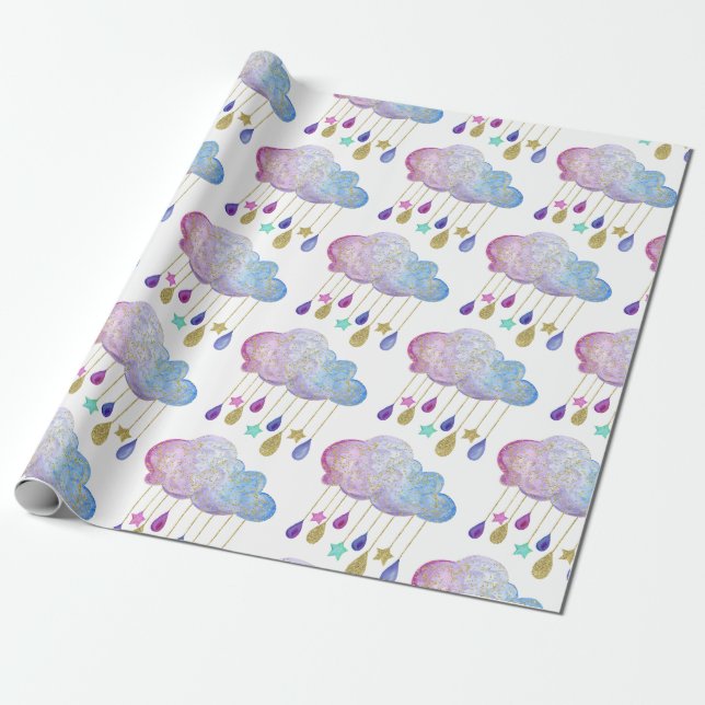Adorable Rainbow Clouds & Gold Baby Girl Shower Wrapping Paper (Unrolled)