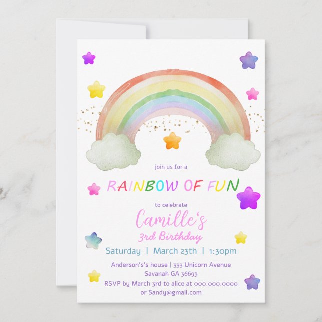 Adorable rainbow star girl birthday  invitation (Front)