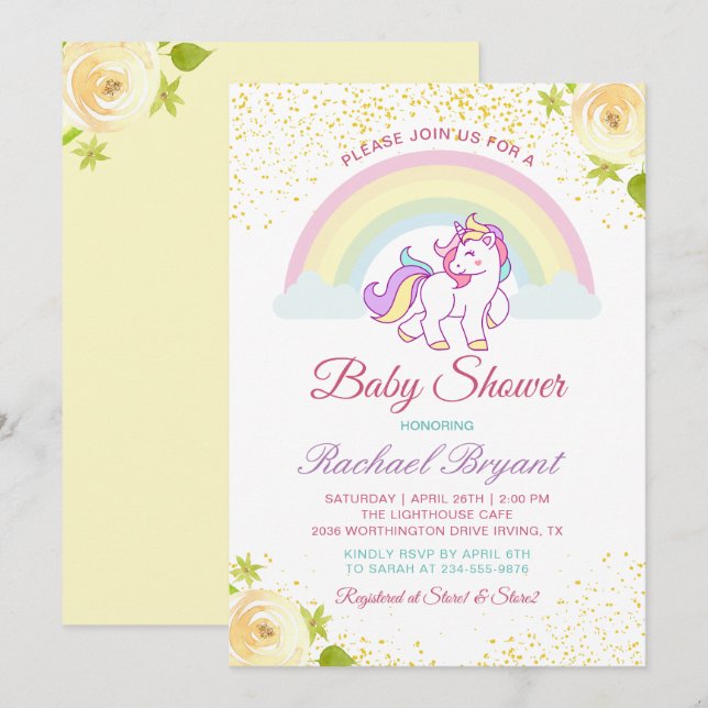 Adorable Rainbow Unicorn Yellow Floral Baby Shower Invitation (Front/Back)