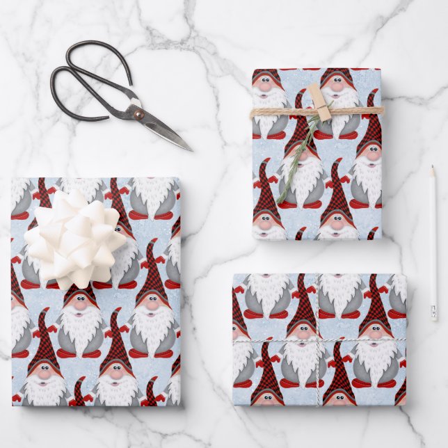 Adorable Red Black Grey Gnome Xmas Christmas Kids Wrapping Paper Sheet (Front)