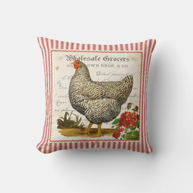 Adorable red black & white vintage chicken pillow (Front)