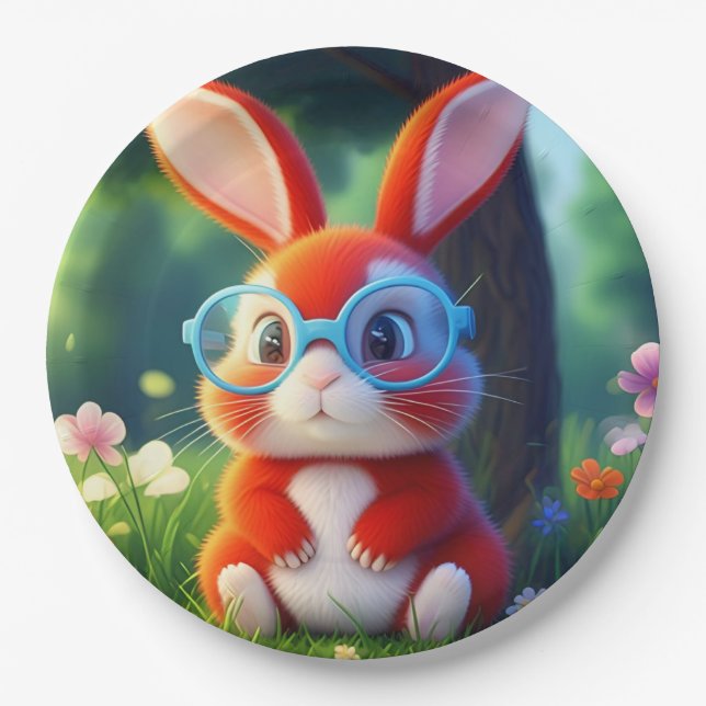 Adorable Red Bunny Sitting under Tree Paper Plate (Front)
