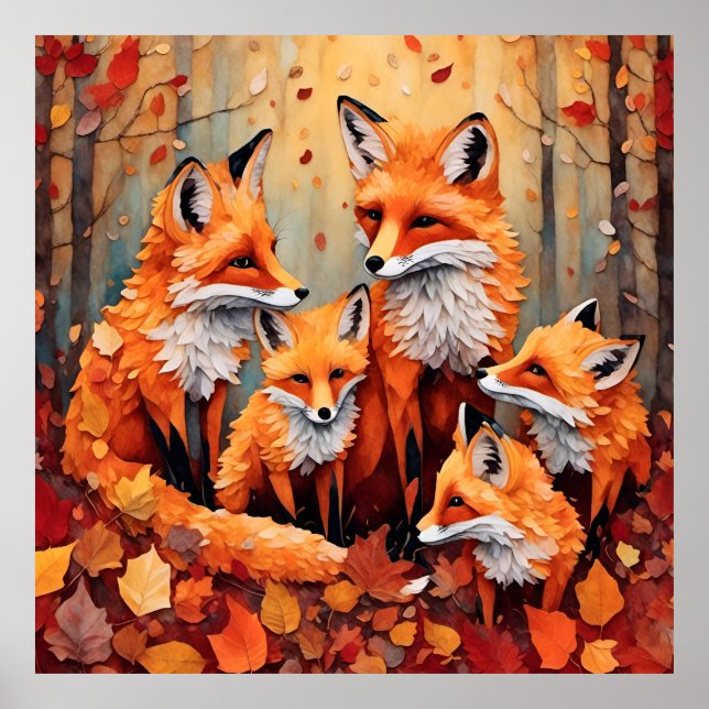 Adorable Red Fox Family in Autumn Poster (Front)