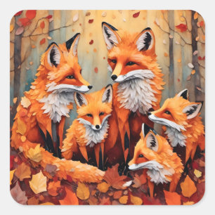 Adorable Red Fox Family in Autumn Square Sticker