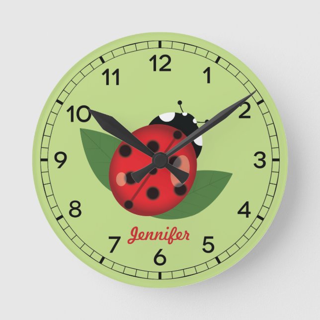 Adorable Red Ladybug Insect With Custom Name Round Clock (Front)