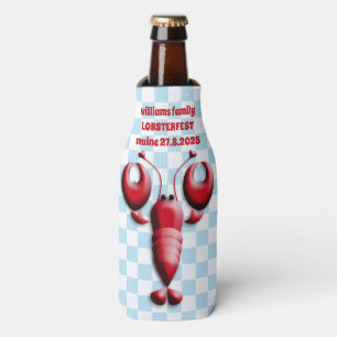 Adorable Red Lobster Heart Pincers Blue Chequered Bottle Cooler