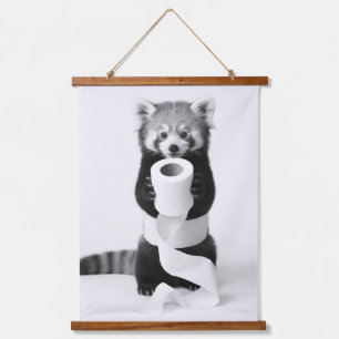 Adorable Red Panda Holding Toilet Paper Minimalist Hanging Tapestry