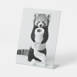 Adorable Red Panda Holding Toilet Paper Minimalist Pedestal Sign