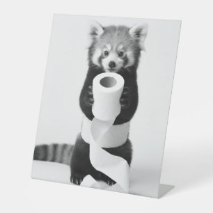 Adorable Red Panda Holding Toilet Paper Minimalist Pedestal Sign